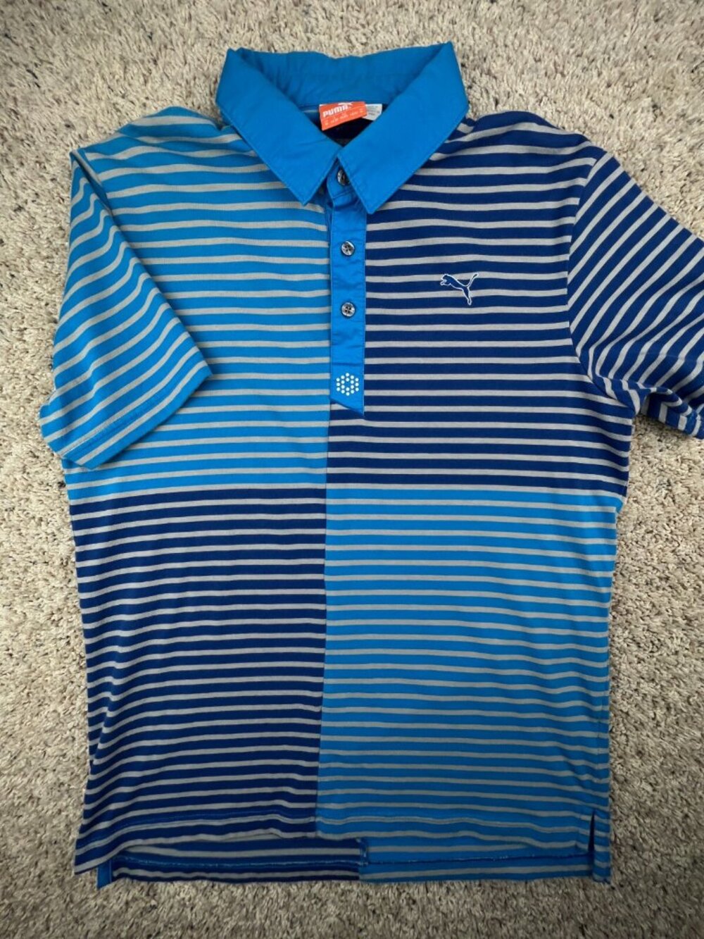 Puma Men’s Golf Polo Shirt Short Sleeve Blue Gray Striped Medium Casual Cotton - Picture 2 of 11